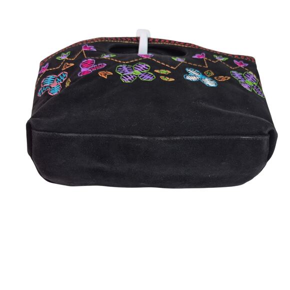 J Renee Black Suede Leather Pink Green Blue Embroidered Floral Handbag Purse - Picture 2 of 3